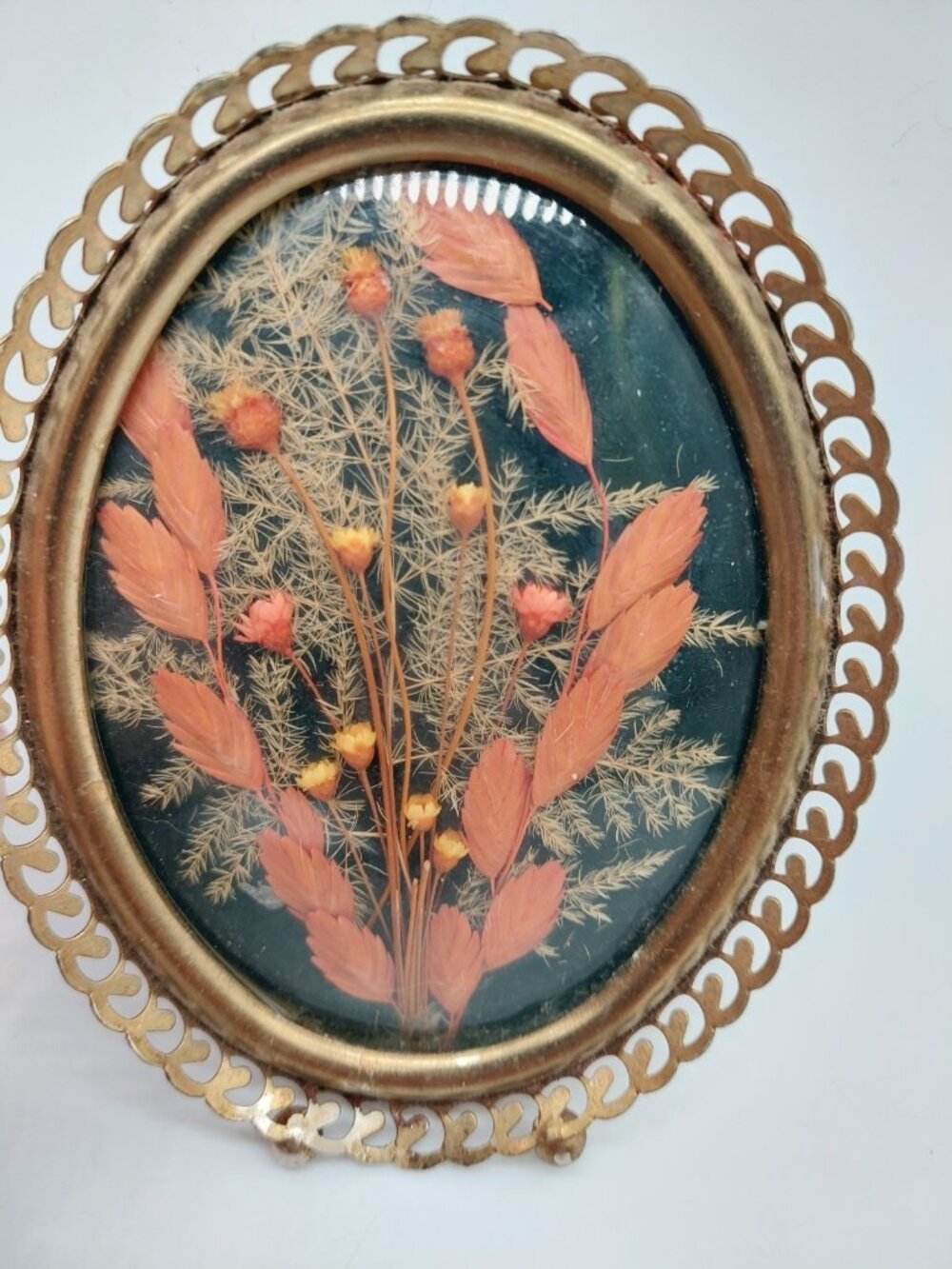 Pressed Dried Flowers Oval Glass Metal Frame 5"x3.5"